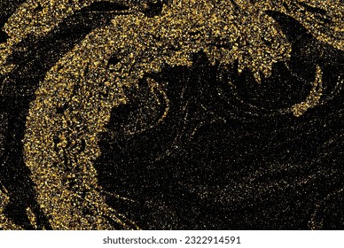 Golden dust on black background, wavy lines of golden dust particles design element