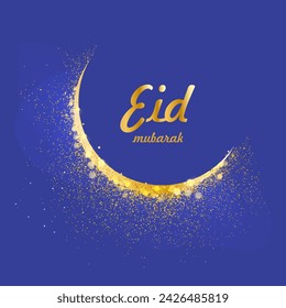 Golden Dust Particle Forming Crescent Moon on Violet Background for Islamic Festival of Eid Mubarak Celebration.