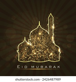 Golden Dust Particle Forming a Mosque at Light Rays Dark Background for Islamic Festival of Eid Mubarak Celebration.