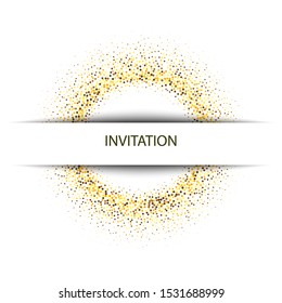 
Golden dust particles in the form of a ring on a white background. Design element. Invitation