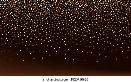 Golden Dust Rich Brown Dark Background. Anniversary Splash Texture. Yellow Glow Luxury Postcard. Sparkle Festive Design.
