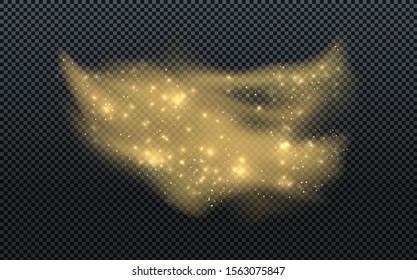 Golden dust with small particles and sparkles isolated on transparent background. Stardust glowing glitter smoke. Magic trail. Vector illustration.