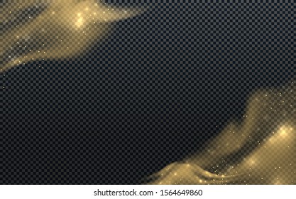 Golden dust with small particles and sparkles isolated on transparent background. Stardust sparkling background with glowing glitter smoke. Vector illustration.