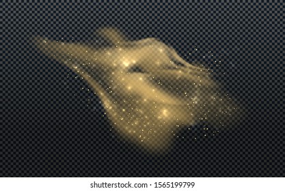 Golden dust with small particles and sparkles isolated on transparent background. Stardust glowing glitter smoke. Vector illustration.