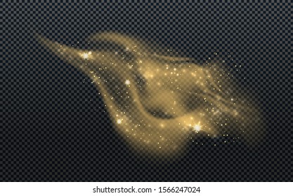 Golden dust with small particles and sparkles isolated on transparent background. Stardust glowing glitter smoke. Magic trail Vector illustration.