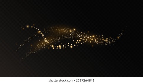 Golden dust trail effect with sparkling and shimmering glitter. Realistic vector illustration of magic gold, glowing powder on dark transparent background