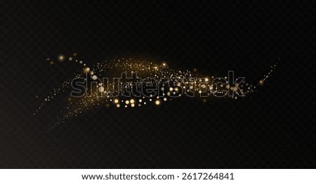 Golden dust trail effect with sparkling and shimmering glitter. Realistic vector illustration of magic gold, glowing powder on dark transparent background