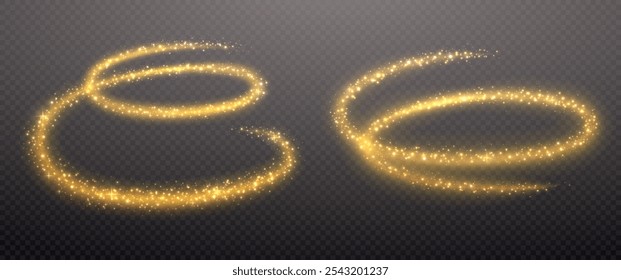 Golden dust trail with glitter and stars. Christmas round wave magic shimmer trail of glowing particles on transparent background.