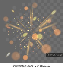 Golden dust vector firework explosion, bokeh. Vector illustration isolated on transparent background. Abstract Holiday Light Rays. For card, party, design, flyer, poster, banner, web, advertising