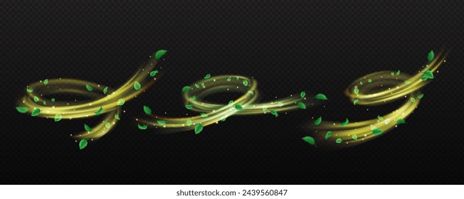 Golden dust waves with leaves realistic vector illustration set. Fantasy flows of shiny flare and leafage 3d elements on transparent background