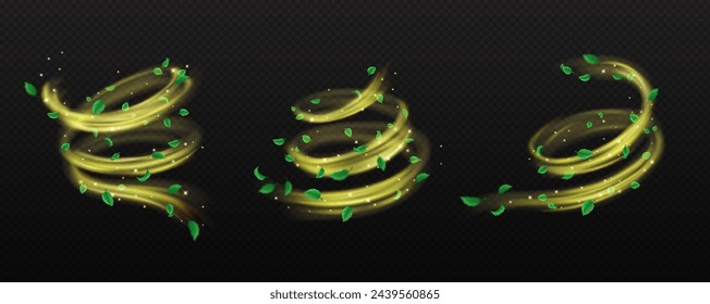 Golden dust waves with leaves realistic vector illustration set. Fantasy flows of shiny flare and leafage 3d elements on transparent background