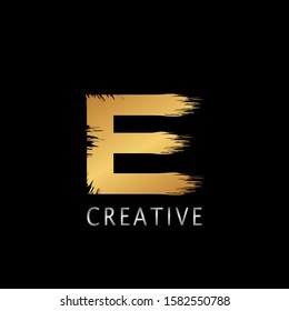 Golden  E  Brush Stroke  Logo design. Golden Paint Logo Letter Icon with Elegant  brush shape Vector Design concept.