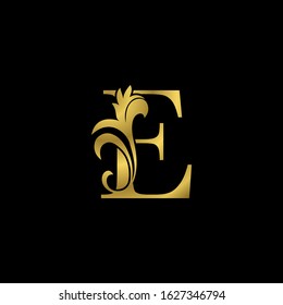 Golden E Initial Letter Luxurious logo icon, vintage luxury vector design concept outline alphabet letter with  floral leaf  gold color for luxuries business.