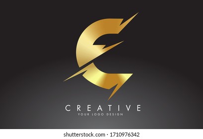 Golden E letter logo design with creative cuts. Creative vector illustration.