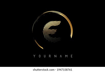 Golden E letter logo design with golden dots and circle frame on black background. Creative vector illustration with golden color and letter E.