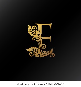 Golden E Letter Logo Ornate Decoration Elegance Swirl Ornament Luxury Style  Vector  Design