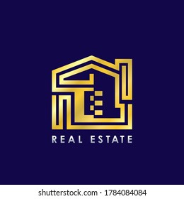 Golden E Line House Logo Template Design for Building Real Estate Business Identity Logo Icon.