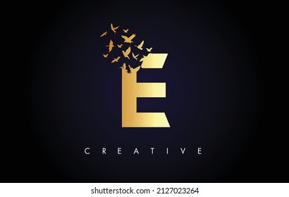 Carta con el logotipo Golden E con el rebaño de aves voladoras desintegrándose de la carta. E Letra de textura dorada con icono de letra de mosca de pájaro.