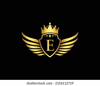 Golden E Luxury Logo Template Vector Icon. Golden Elegant Beautiful logo with with crown Vector Illustration Of Luxury Logo.