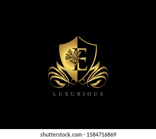 Golden E Luxury Shield Logo Icon, Classy Gold E Design.