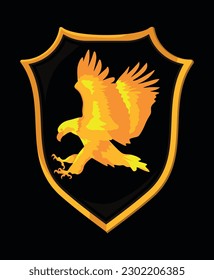 Golden eagle attacking, hunting. Shield, logo, vector graphics.