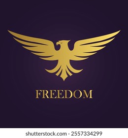 Golden eagle emblem with outstretched wings and freedom text on dark purple background in modern style