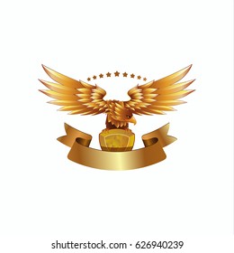Golden Eagle emblem with ribbon. Heraldic eagle with spread wings template and the jewel in its claws.