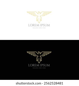 Golden Eagle Falcon Hawk Spread Wings Bird Line Monogram Logo Design Vector