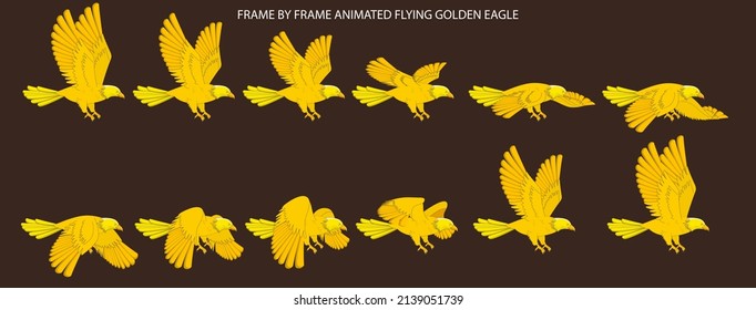 Golden Eagle Fly Cycle, Frame By Frame Animated Flying Gold Eagle Vector Illustration for 2D Animation, Motiongraphics, Infographics