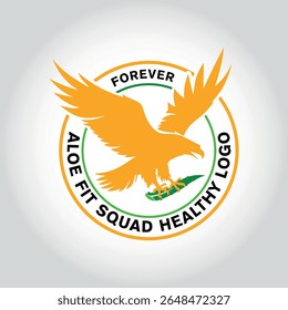Golden Eagle Flying Carrying Aloe Vera Stem, round logo, aloe fit squad healthy private company logo illustration