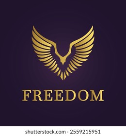 Golden eagle Freedom logo with V-shaped wings on dark purple background symbolizing power and liberty