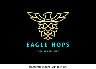 Golden Eagle Hawk Falcon Phoenix with Hops for Craft Beer Brewery Logo Design Vector