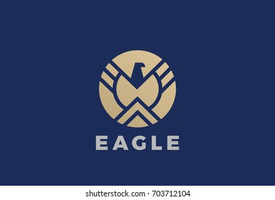 Golden Eagle Logo Design Vector Template Circle Shape Emblem.
Luxury Corporate Heraldic Falcon Phoenix Hawk Bird Logotype Concept Icon.