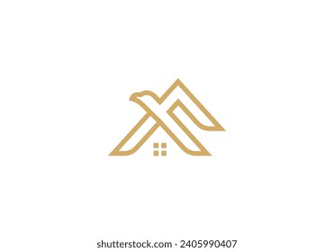 golden eagle logo with home linear style icon design template.