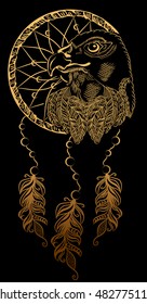 Golden eagle on the dreamcatcher with feathers. Boho chic style. Hand drawn. Vector illustration.