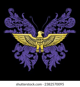 Golden eagle t-shirt design with a butterfly with arabesques. Decorative design.