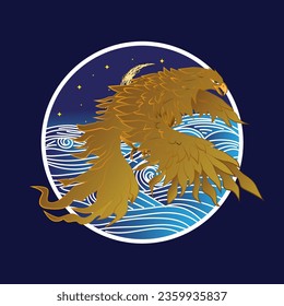 golden eagle vector illustration with japanese background