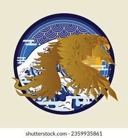 golden eagle vector illustration with japanese background