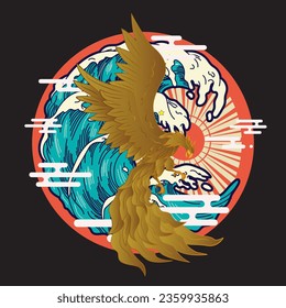 golden eagle vector illustration with japanese background