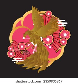 golden eagle vector illustration with japanese background