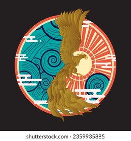 golden eagle vector illustration with japanese background