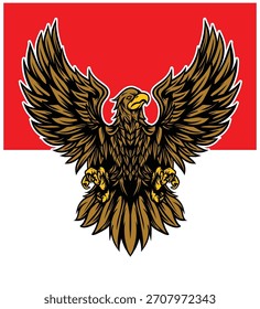 Un águila dorada con un contorno blanco se encuentra ante una bandera dividida horizontalmente en rojo y blanco.