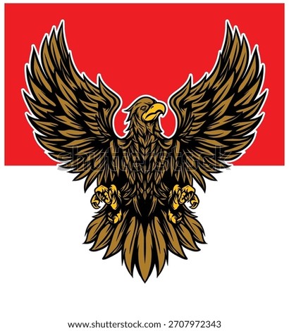 A golden eagle with a white outline stands before a red and white horizontally split flag.