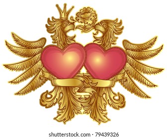 golden eagles with red hearts, isolated