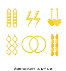 Golden earrings collection. Gold chain, rings, lightning and heart accessories. Jewellery set. Flat vector 