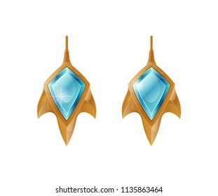 Golden earrings leaf shape isolated on white vector illustration female stylish accessories with blue stones, golden or platinum decoration for ears svg