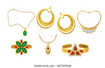 Golden Earrings and Necklace with Precious Stones Vector Set