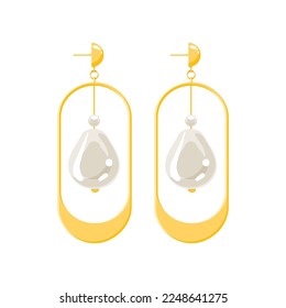 Golden earrings with pearls. Woman Expensive luxury accessories. Flat vector illustration