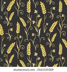 Golden ears of corn on a grey background.Vector seamless pattern with golden ears of corn and flowers on a gray background.