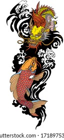 Golden East Asian dragon with water waves and Japanese koi carp fish swimming up. Tattoo. Vector illustration